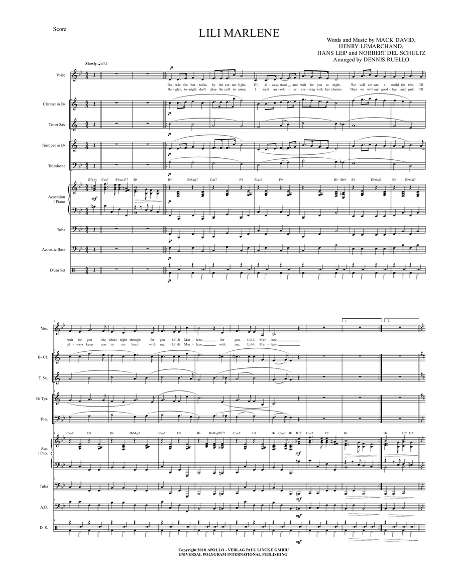 Lilli Marlene (lili Marleen) Large Ensemble scores gallery preview page 1