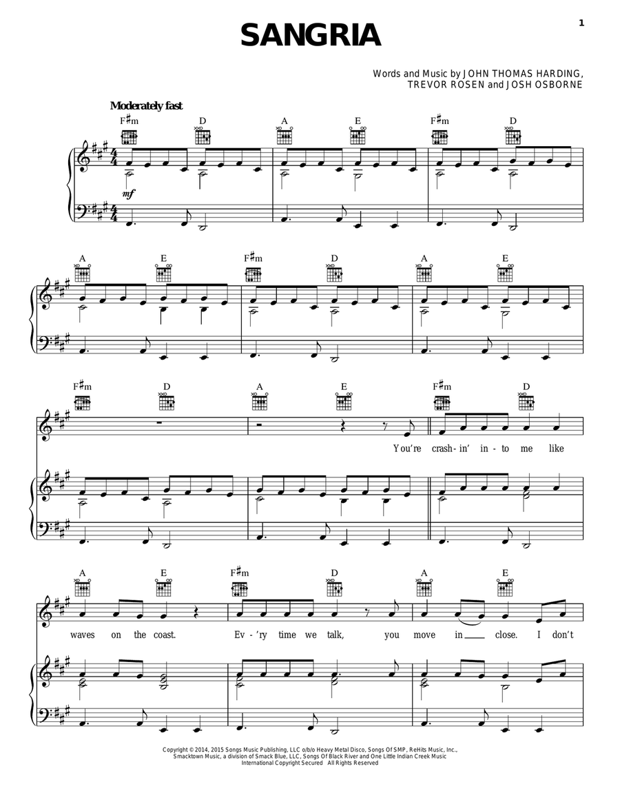 Sangria Sangria Piano, Vocal, Guitar scores gallery preview page 1