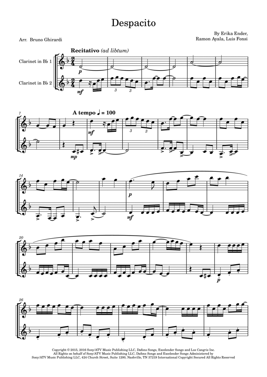 Despacito Clarinet Duet scores gallery preview page 1