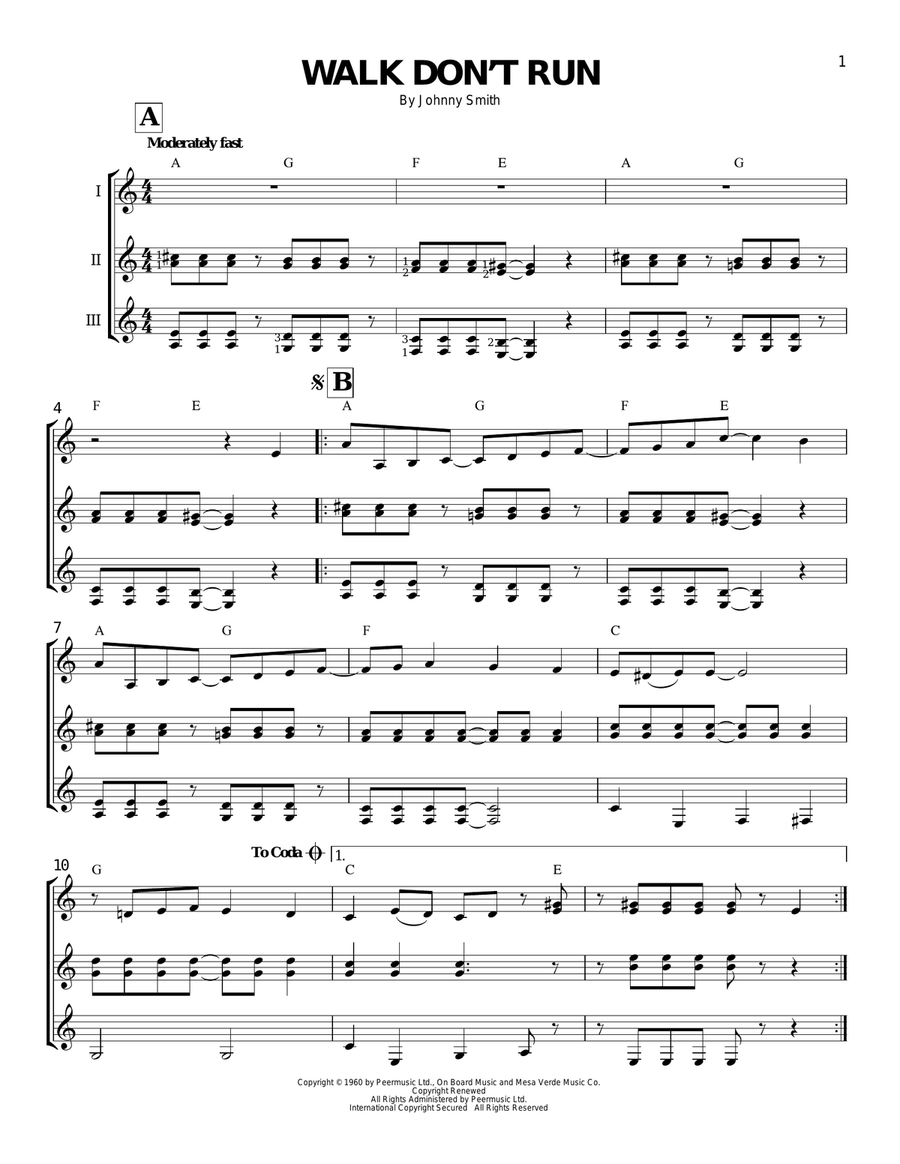 Walk Don't Run Guitar Ensemble scores gallery preview page 1