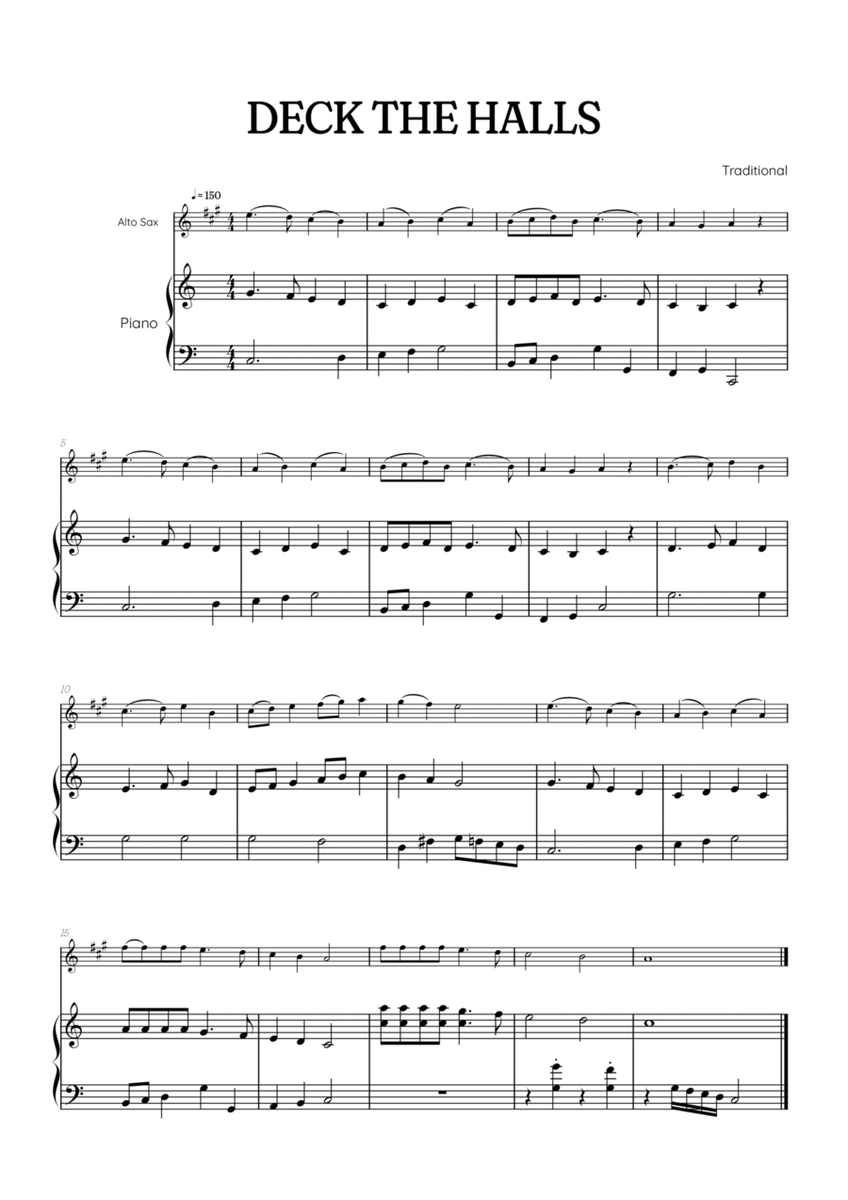 Deck the Halls for alto sax with piano accompaniment • easy Christmas song sheet music  image number null