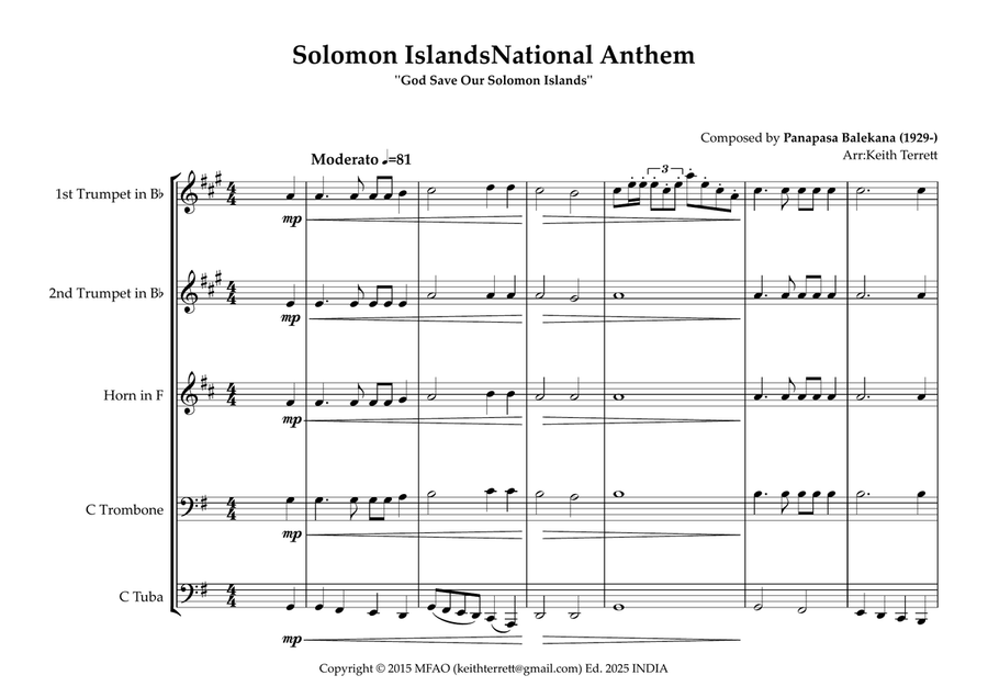 Solomon Islands National Anthem ''God Save Our Solomon Islands'' for Brass Quintet Brass Quintet scores gallery preview page 2