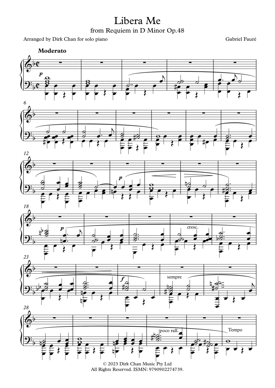 Libera Me from Faure Requiem in D Minor Op.48 Arranged for Solo Piano Piano Solo scores gallery preview page 1