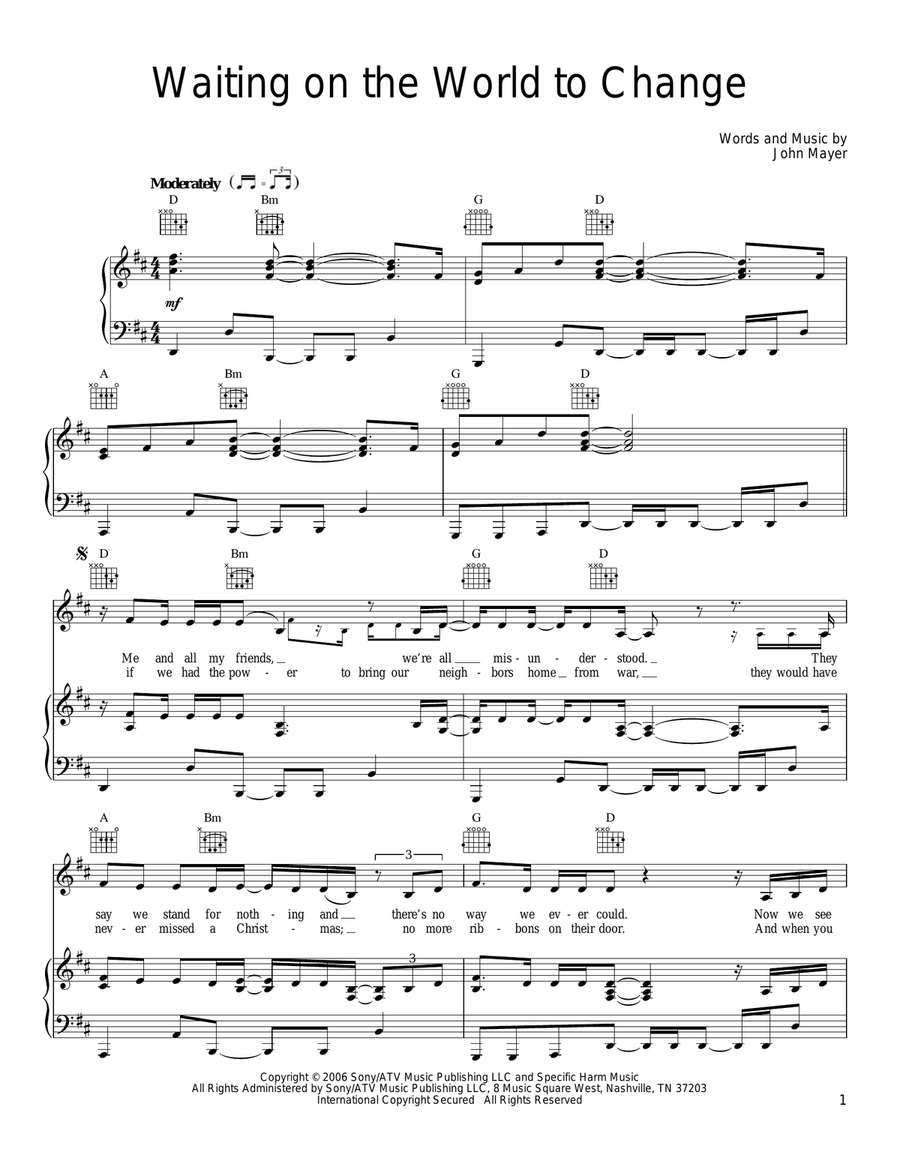 Waiting On The World To Change Piano, Vocal, Guitar scores gallery preview page 1