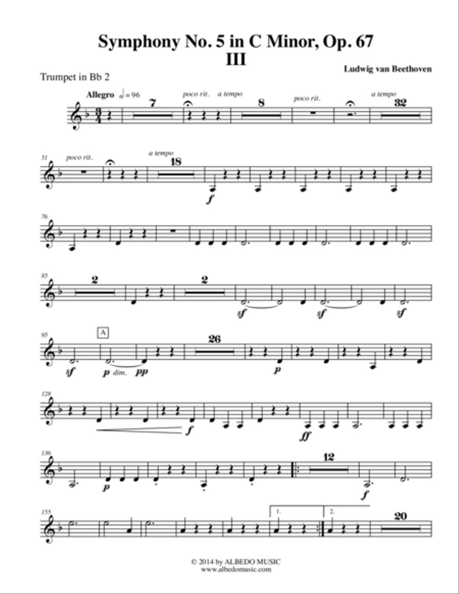 Beethoven Symphony No. 5, Movement III - Trumpet in Bb 2 (Transposed Part), Op. 67 B-Flat Trumpet scores gallery preview page 1