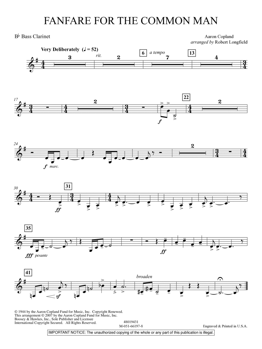 Fanfare For The Common Man (arr. Robert Longfield) - Bb Bass Clarinet