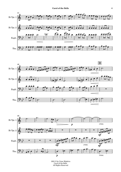 Carol Of The Bells - Brass Quartet (Full Score and Parts) image number null