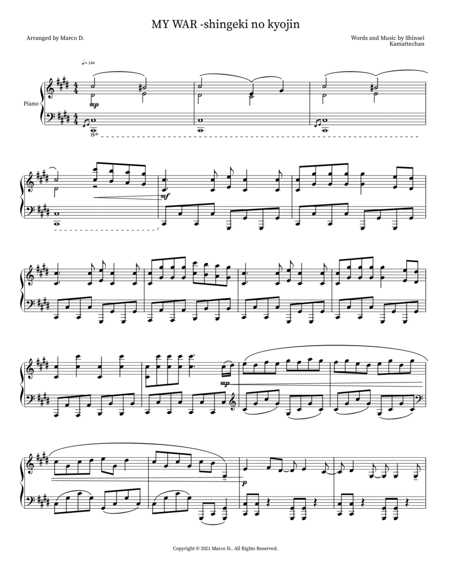 MY WAR -shingeki no kyojin Piano Solo scores gallery preview page 1