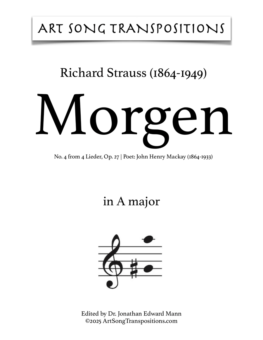 STRAUSS: Morgen, Op. 27 no. 4 (in 9 keys: A, A-flat, G, G-flat, F, E, E-flat, D, D-flat major) Piano, Vocal scores gallery preview page 1
