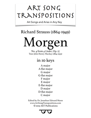 Book cover for STRAUSS: Morgen, Op. 27 no. 4 (in 10 keys: A, A-flat, G, G-flat, F, E, E-flat, D, D-flat, C major)