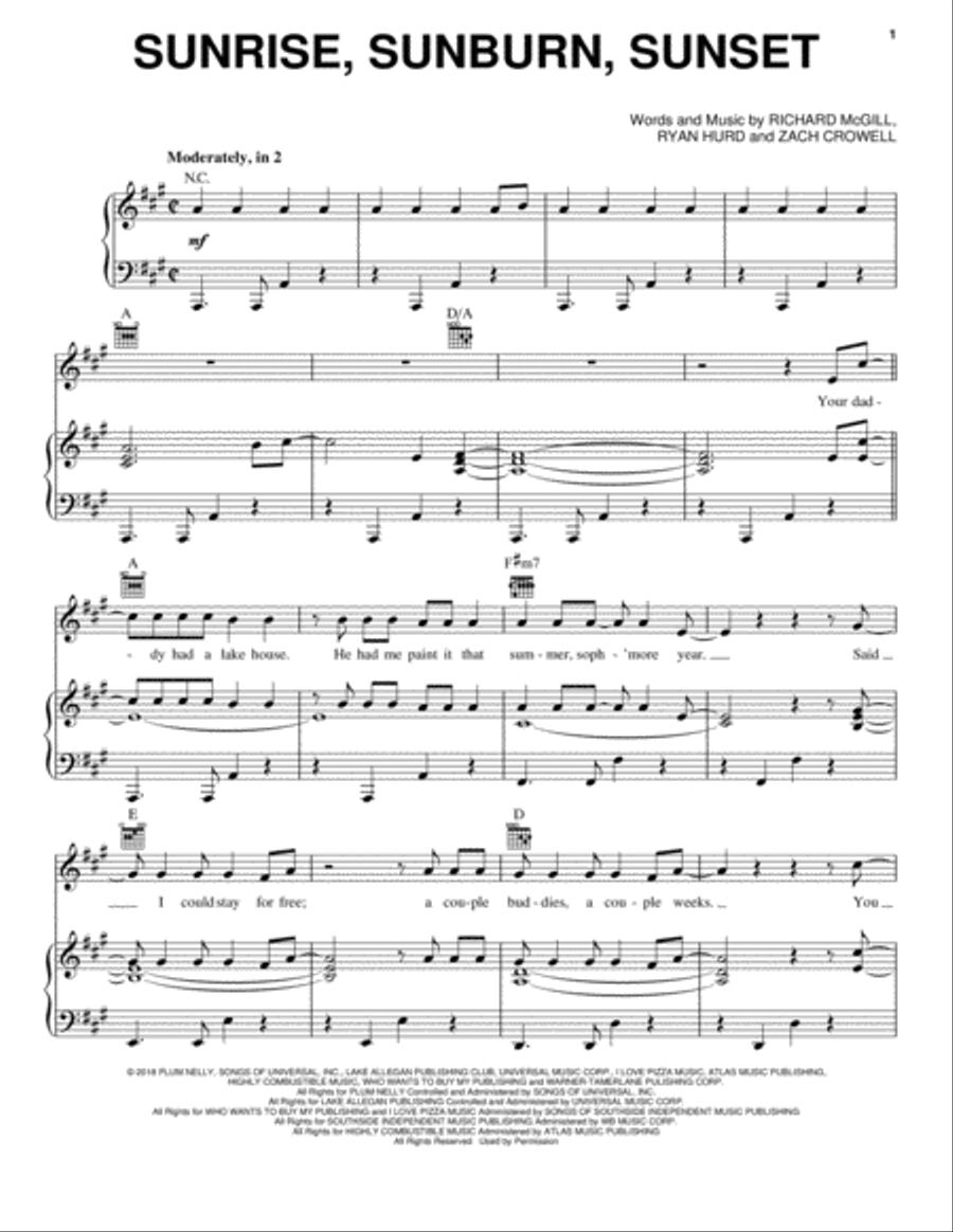 Sunrise, Sunburn, Sunset Piano, Vocal, Guitar scores gallery preview page 1