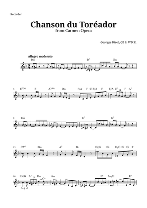 Chanson du Toreador by Bizet for Recorder