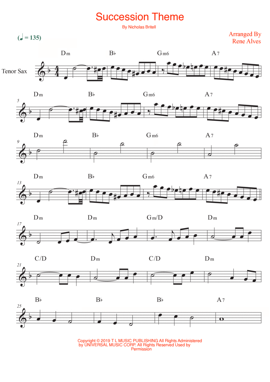 Succession Theme Tenor Saxophone scores gallery preview page 1