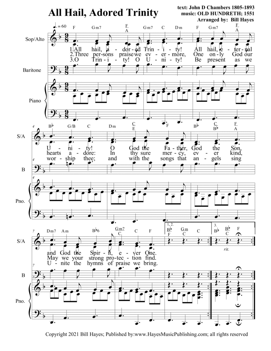 All Hail Adored Trinity - SAB chorus with piano accompaniment in 9/8 3-Part scores gallery preview page 1