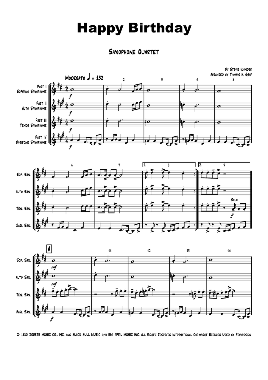 Happy Birthday Saxophone Quartet scores gallery preview page 1
