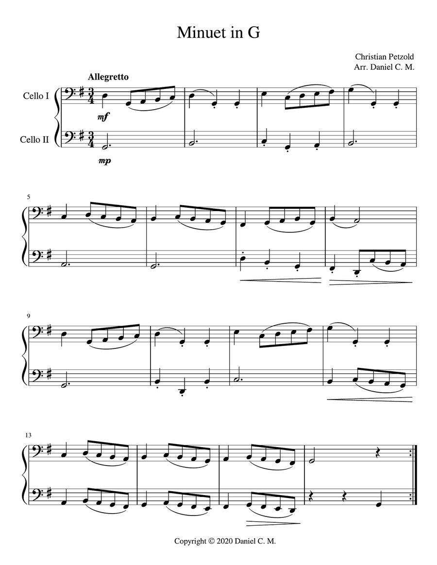 Minuet in G (cello duet) String Duet scores gallery preview page 1
