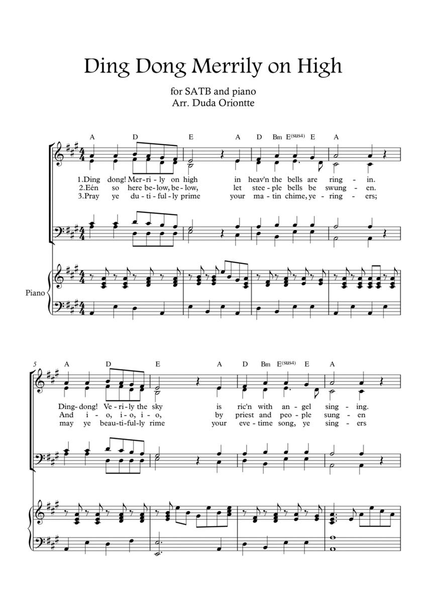 Ding Dong Merrily on High (SATB - A major - 2 staff - with chords - with piano) image number null