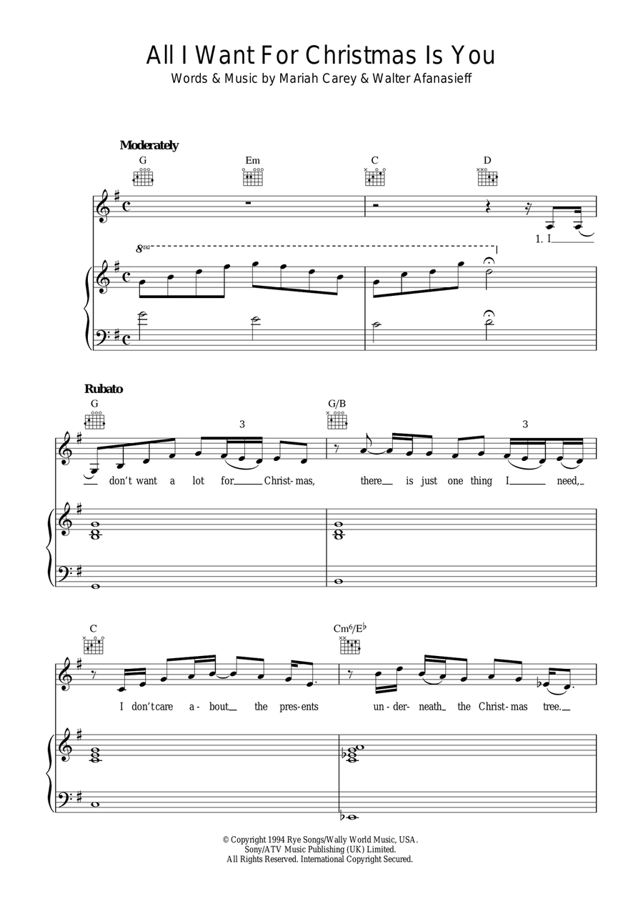 All I Want For Christmas Is You Piano, Vocal, Guitar scores gallery preview page 1