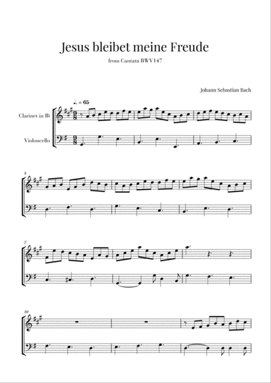 Bach - Jesus bleibet meine Freude for Clarinet and Cello Clarinet scores gallery preview page 1
