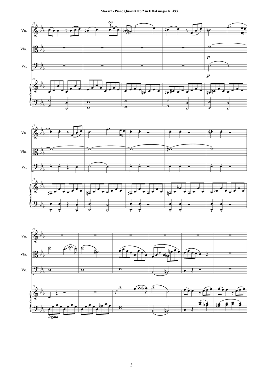 Mozart - Piano Quartet No.2 in E flat K 493 for Violin,Viola, Cello and Piano - Score and Parts image number null