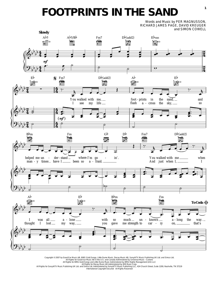Footprints In The Sand Piano, Vocal, Guitar scores gallery preview page 1