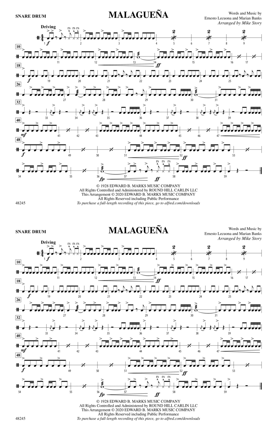 Malagueña: Snare Drum Marching Band scores gallery preview page 1