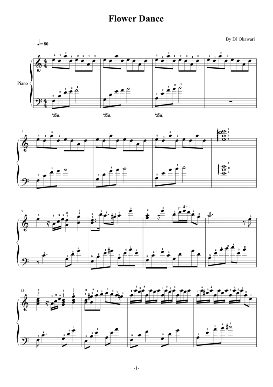 Flower Dance,Dj Okawari,Easy Piano,with Fingering Easy Piano scores gallery preview page 1