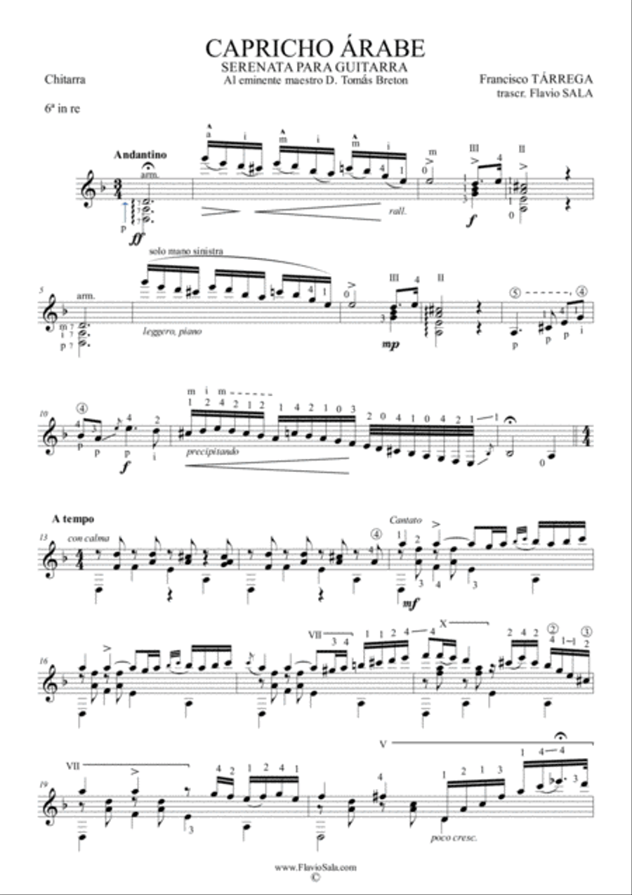 CAPRICHO ARABE for guitar by Tarrega - Rev. and fing. by Flavio Sala Classical Guitar scores gallery preview page 3