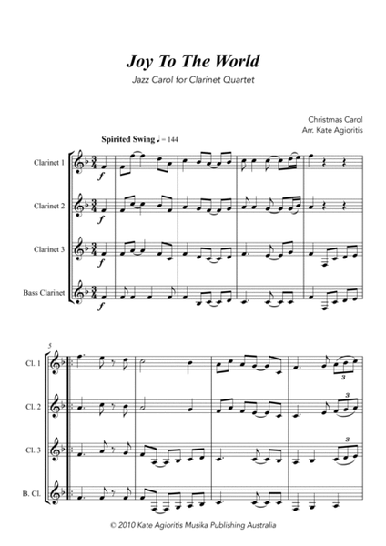 Jazz Carols Collection #3 Clarinet Quartet (Deck the Halls; Good King Wenceslas; Joy to the World) image number null
