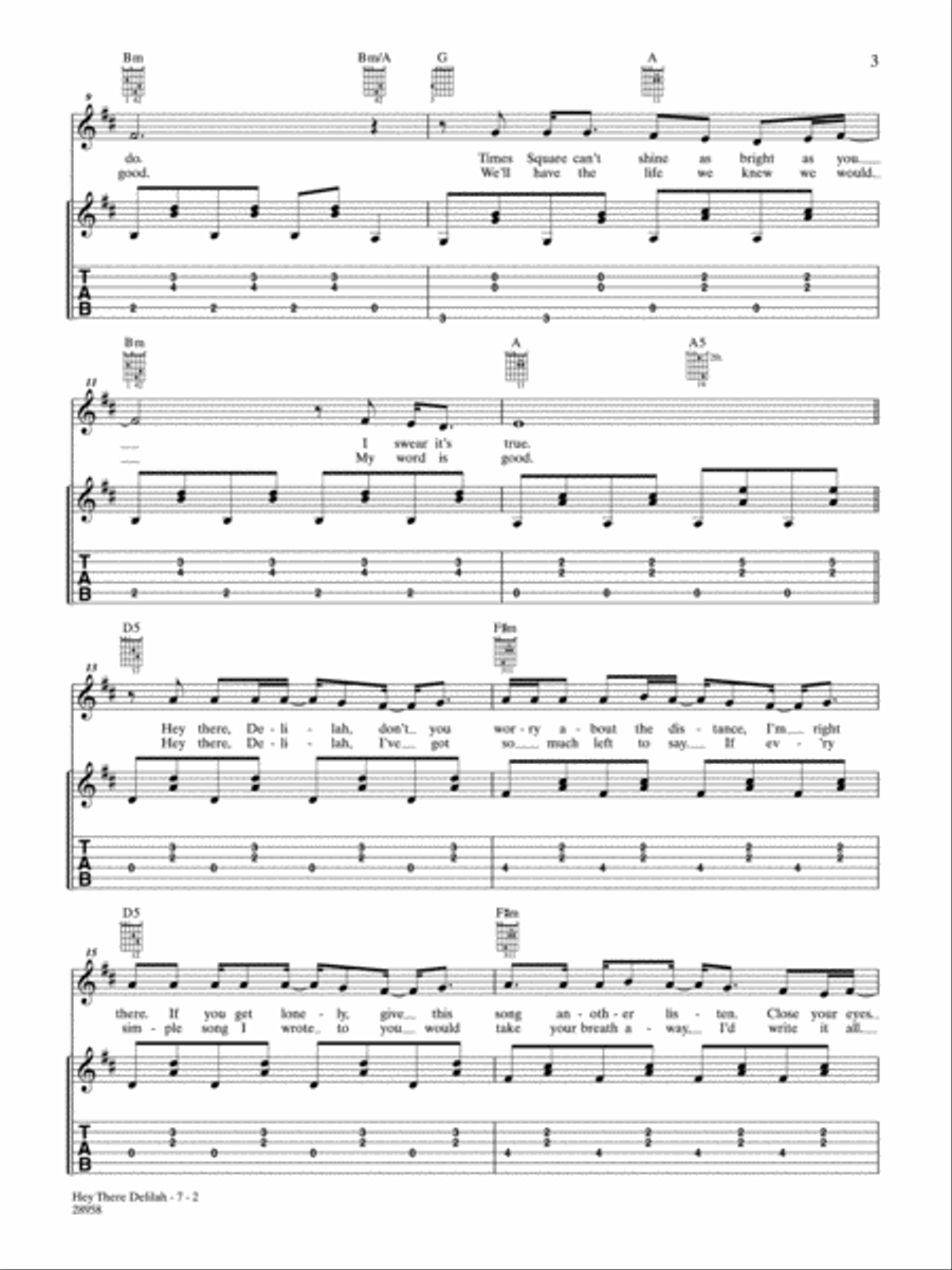 Hey There Delilah Piano, Vocal, Guitar scores gallery preview page 2