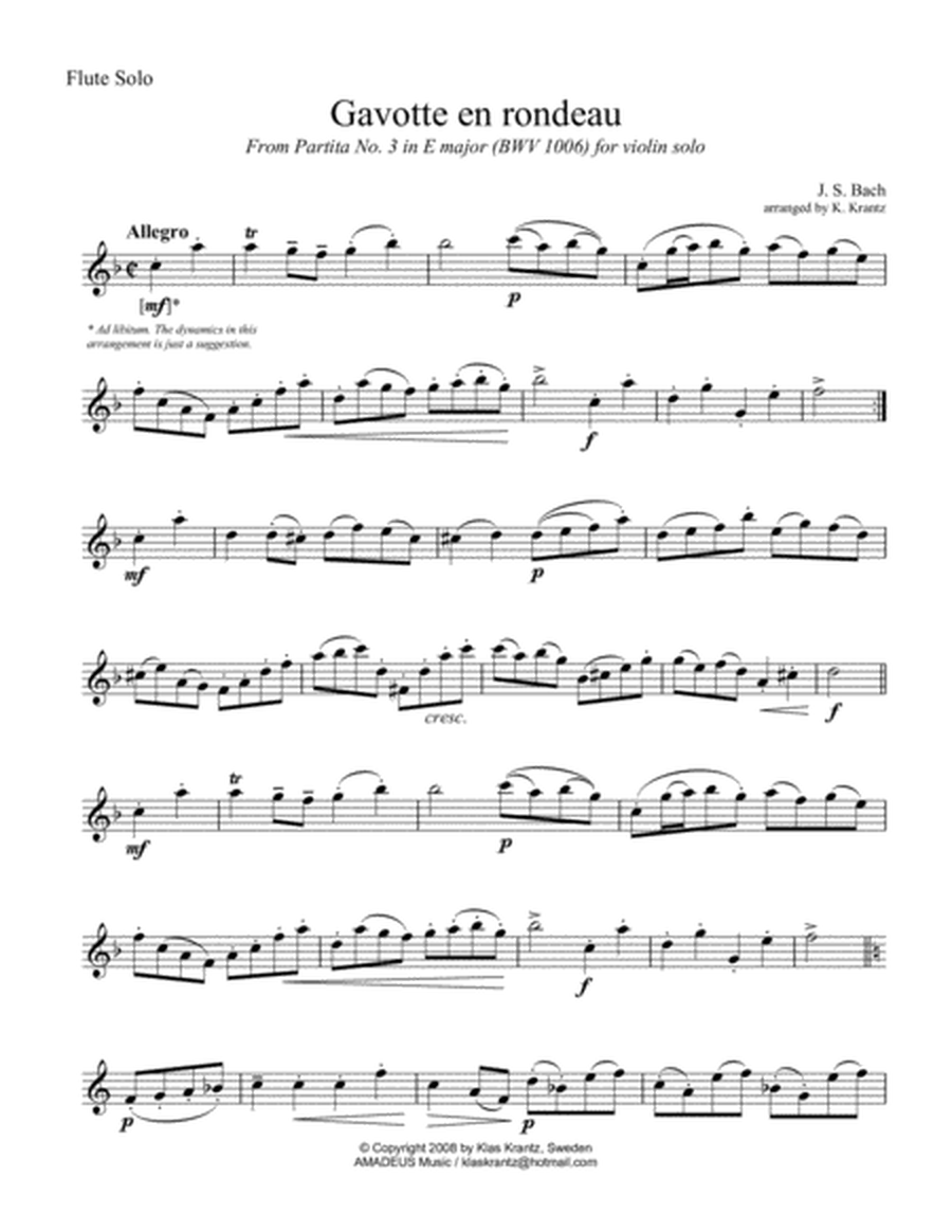 Gavotte en rondeau BWV 1006 for flute solo image number null