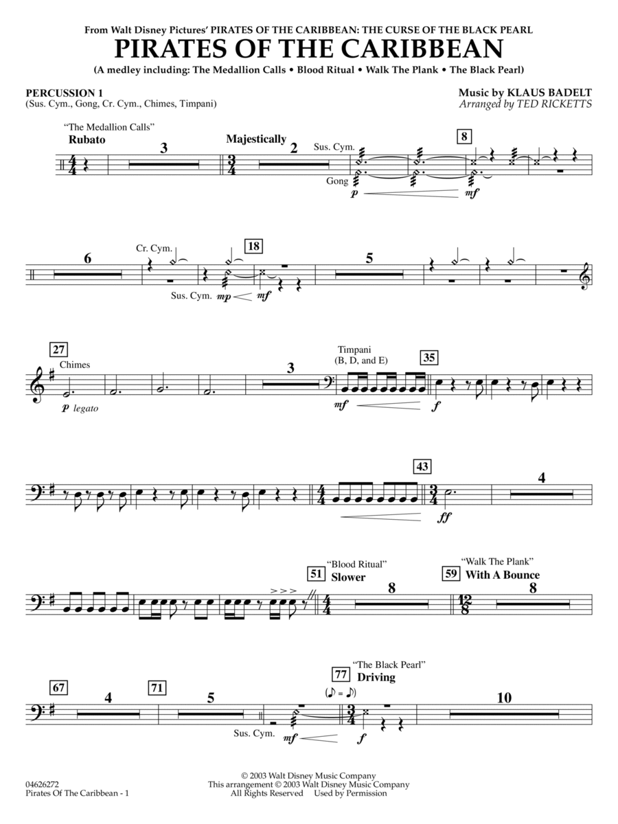 Pirates of the Caribbean (Medley) (arr. Ted Ricketts) - Percussion 1
