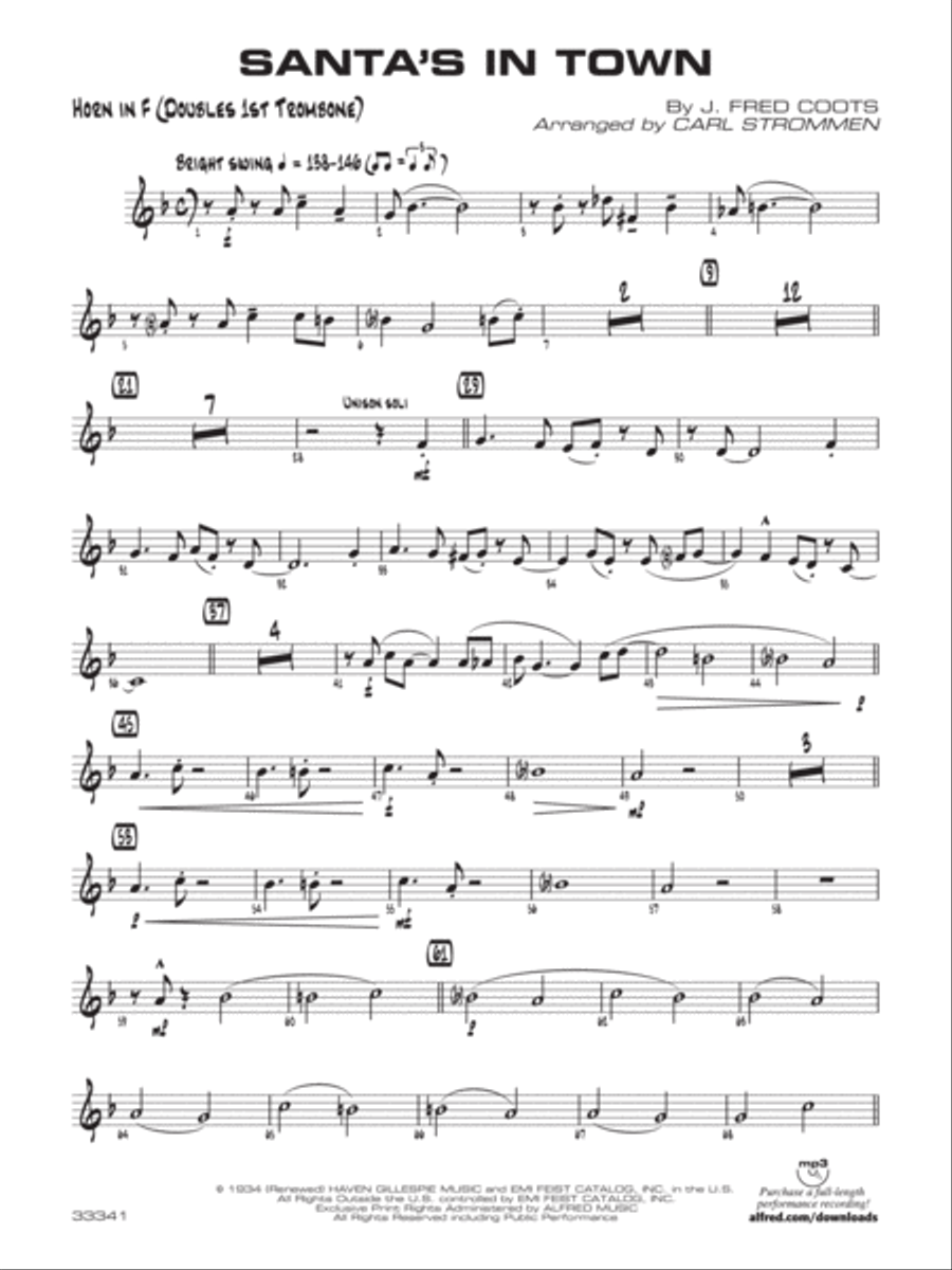 Santa's in Town: 1st F Horn Jazz Ensemble scores gallery preview page 1