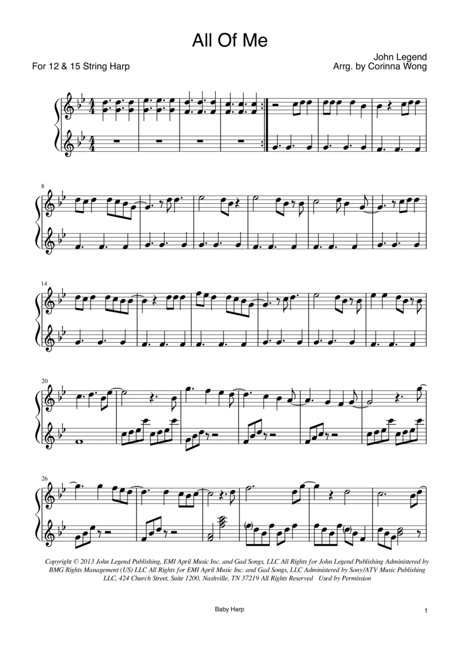 All Of Me by John Legend Harp - Digital Sheet Music