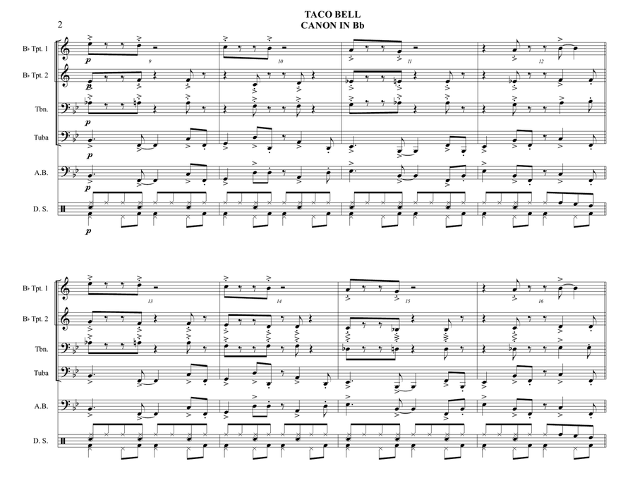 TACO BELL CANON IN Bb - Brass Quartet with optional Acoustic Bass and Drum Set parts - Bossa Nova Small Ensemble scores gallery preview page 2