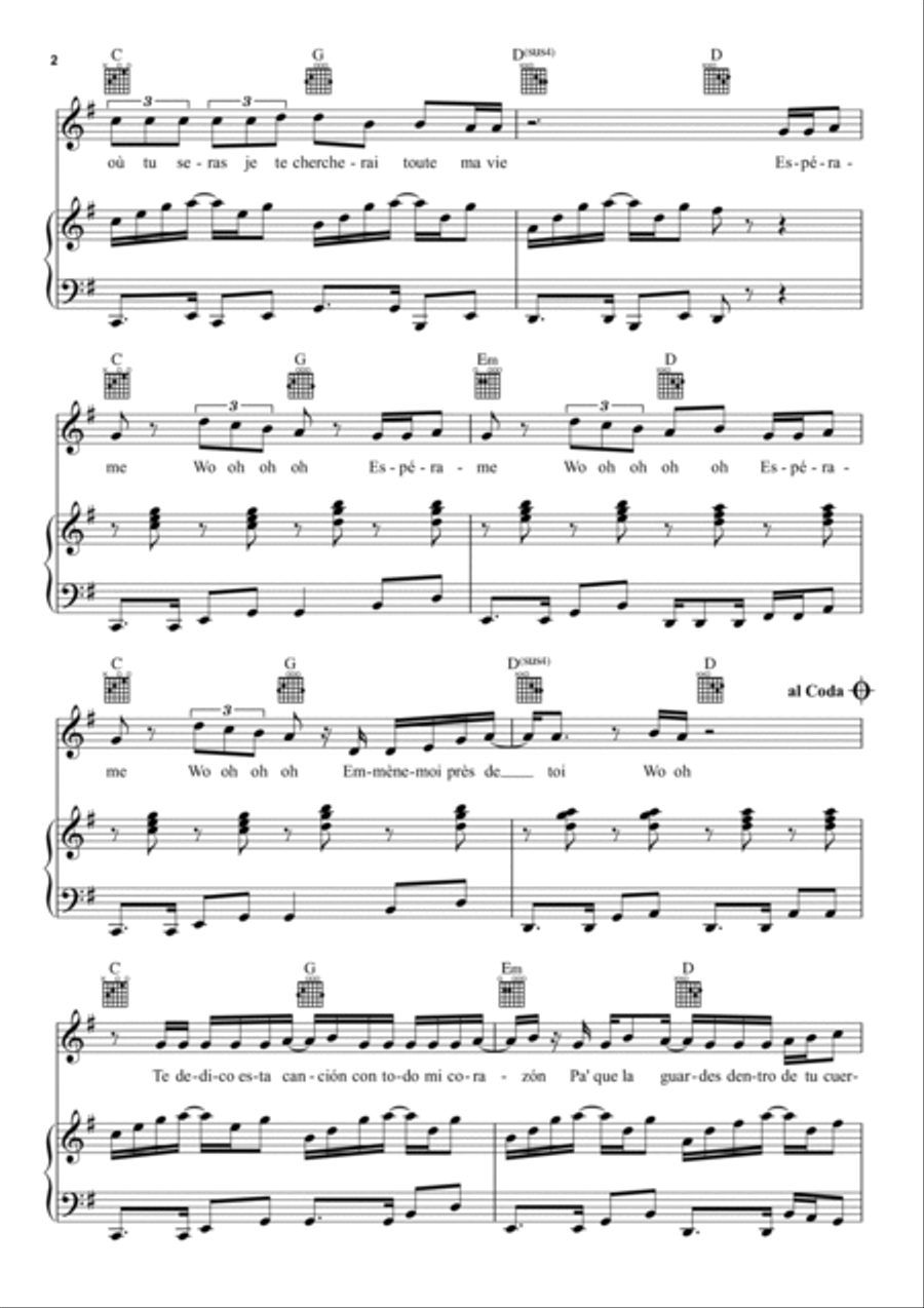 Espérame (French Edit) Piano, Vocal, Guitar scores gallery preview page 2
