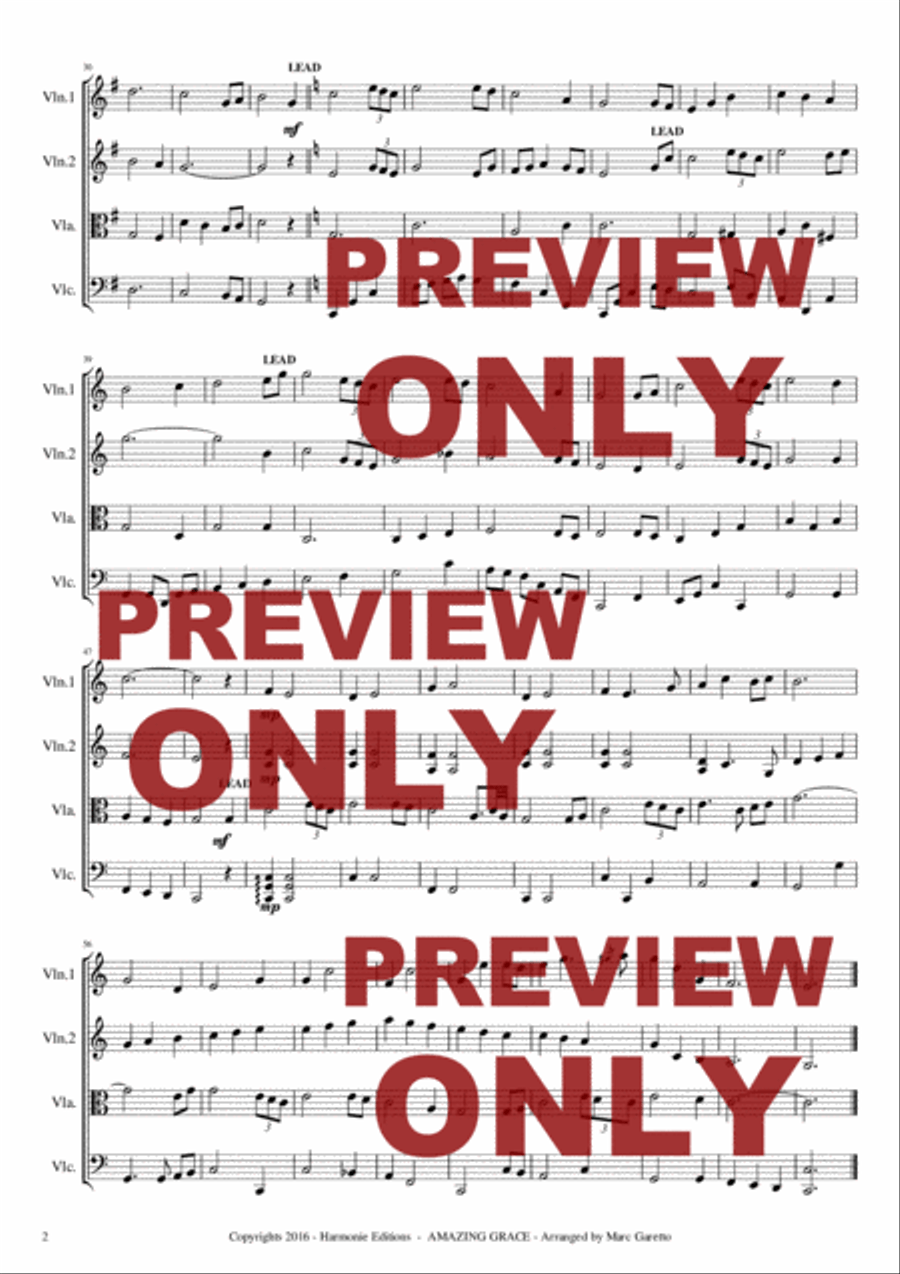 AMAZING GRACE - Traditionnal - for String Quartet or Beginner String Orchestra - Arranged by Marc Ga String Quartet scores gallery preview page 4