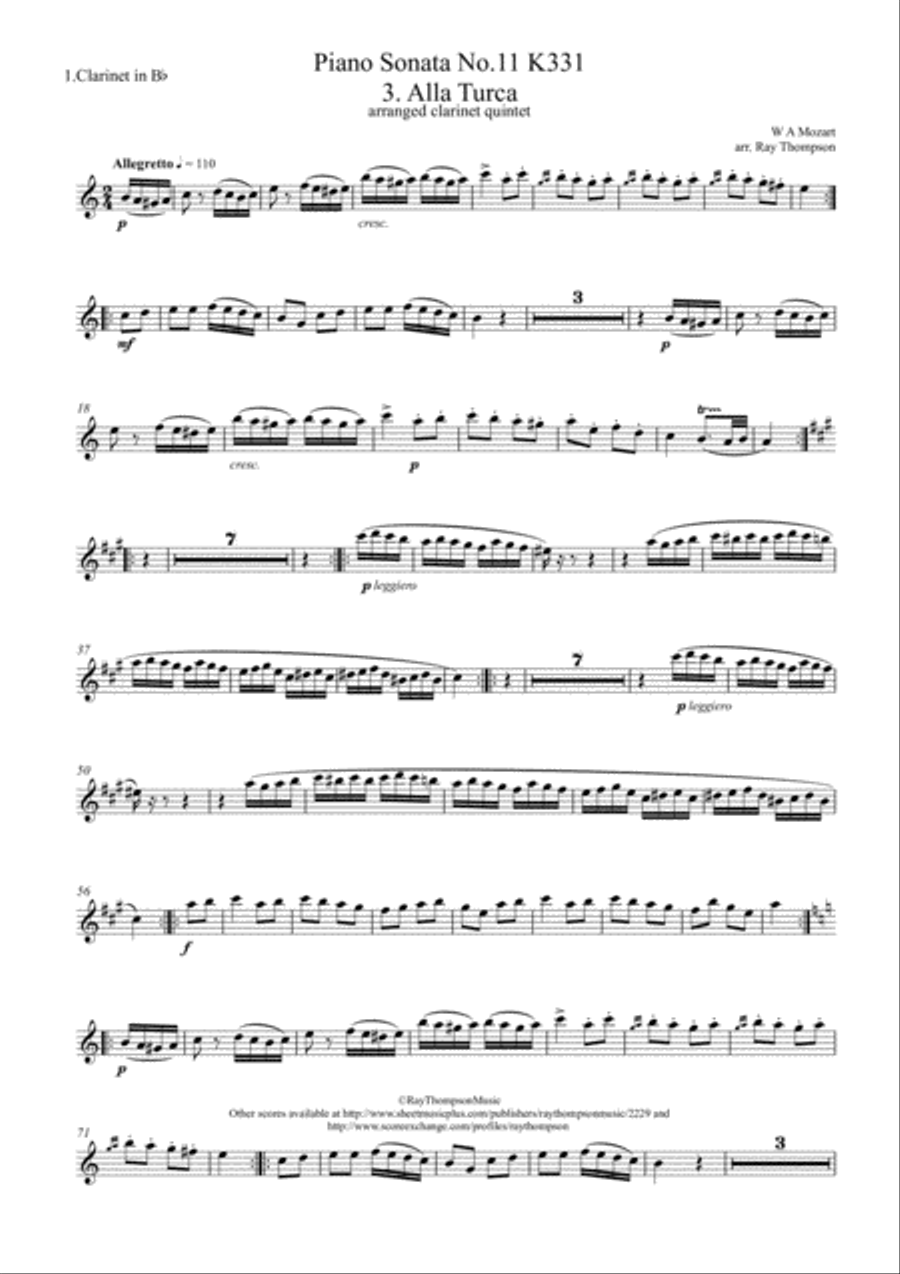 Mozart: Piano Sonata No.11 in A K331. Mvt. III Rondo Alla Turca (Turkish March) - clarinet quintet Woodwind Quintet scores gallery preview page 6