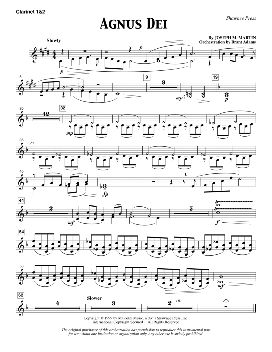 Agnus Dei - Bb Clarinet 1 & 2 Choir scores gallery preview page 1