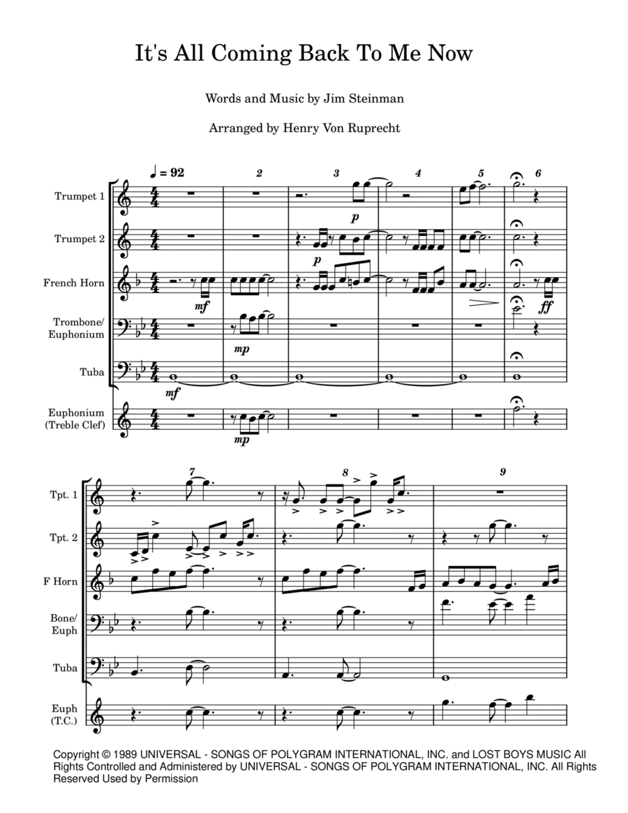 It's All Coming Back To Me Now Euphonium scores gallery preview page 1