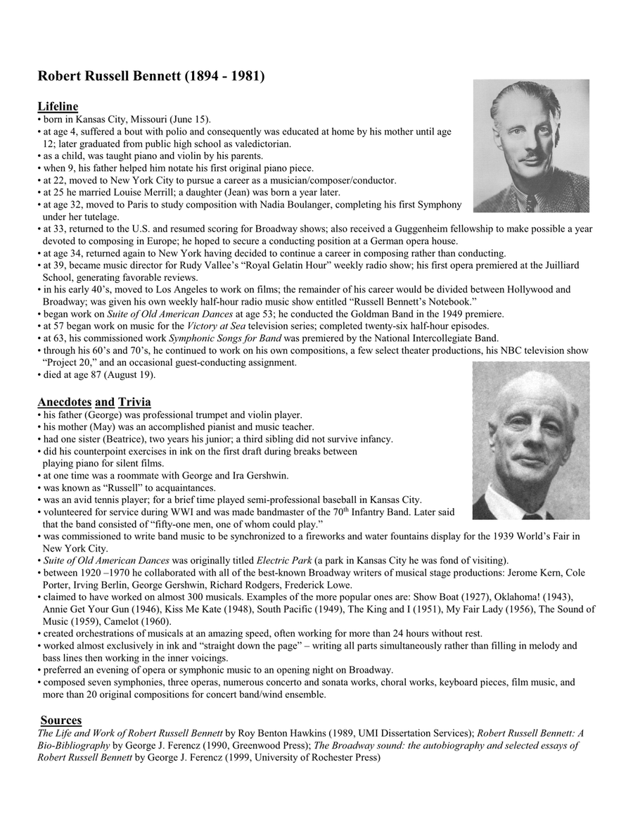 COMPOSERS OF GREAT WORKS FOR BAND - booklet with life timelines, anecdotes, & trivia Concert Band scores gallery preview page 4