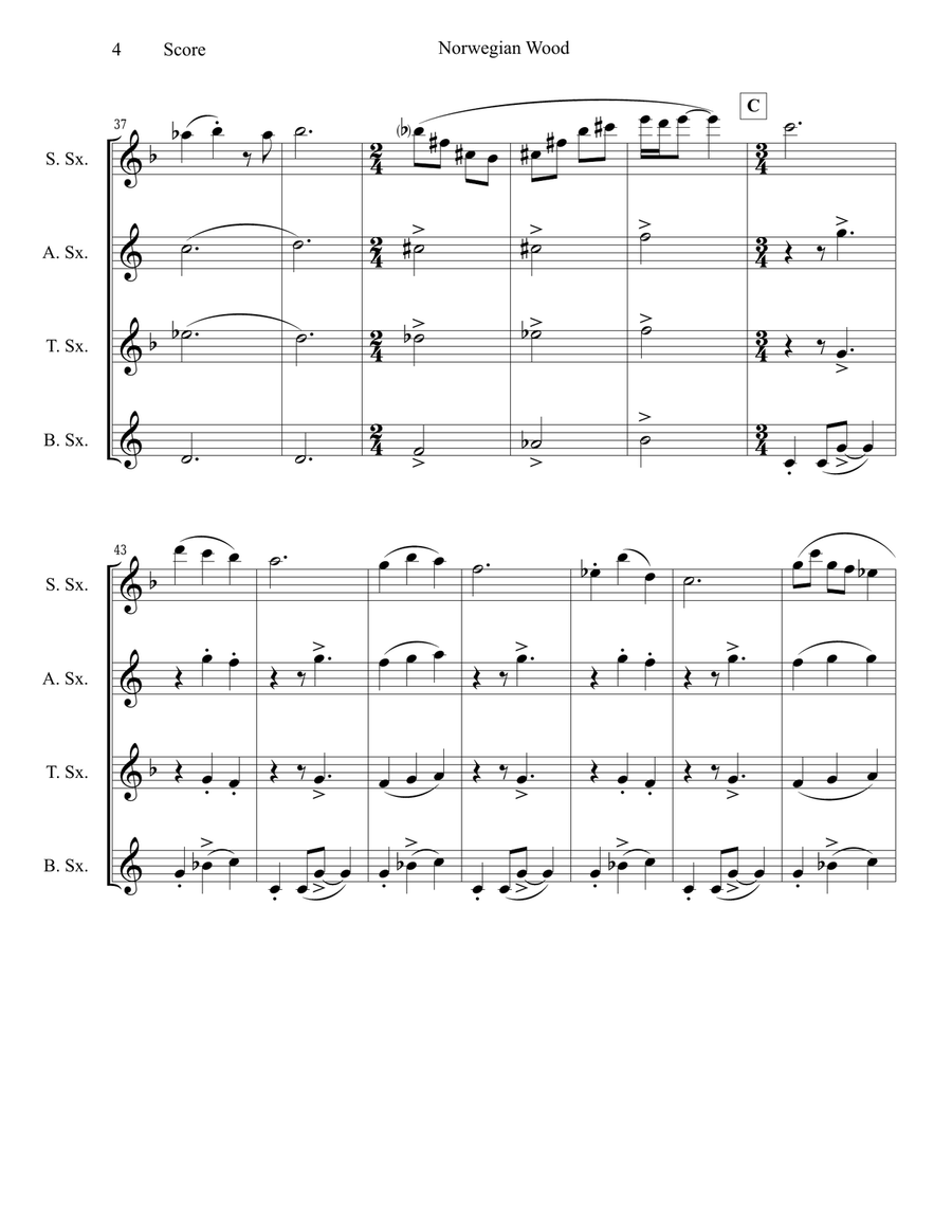 Norwegian Wood (This Bird Has Flown) Saxophone Quartet scores gallery preview page 5