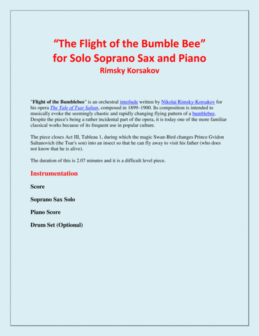 The Flight of the Bumble Bee - Rimsky Korsakov - for Soprano Sax and Piano image number null