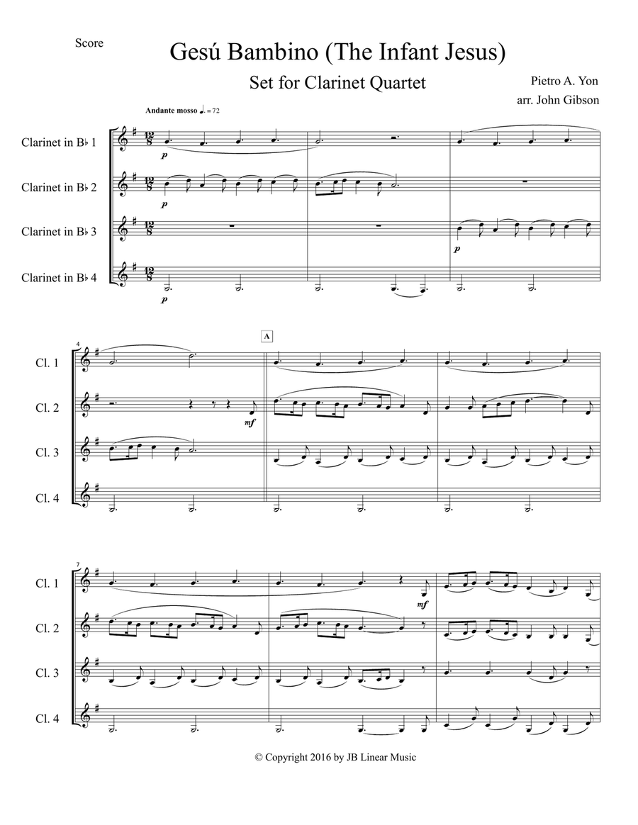 Gesu Bambino by Pietro Yon for Clarinet Quartet image number null