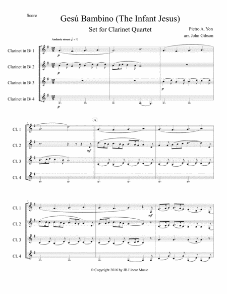 Gesu Bambino by Pietro Yon for Clarinet Quartet
