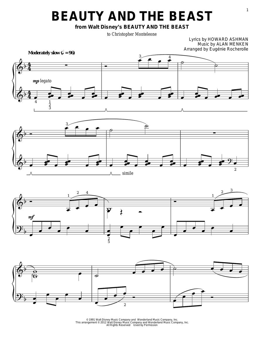 Beauty And The Beast (arr. Eugénie Rocherolle) Piano Solo scores gallery preview page 1