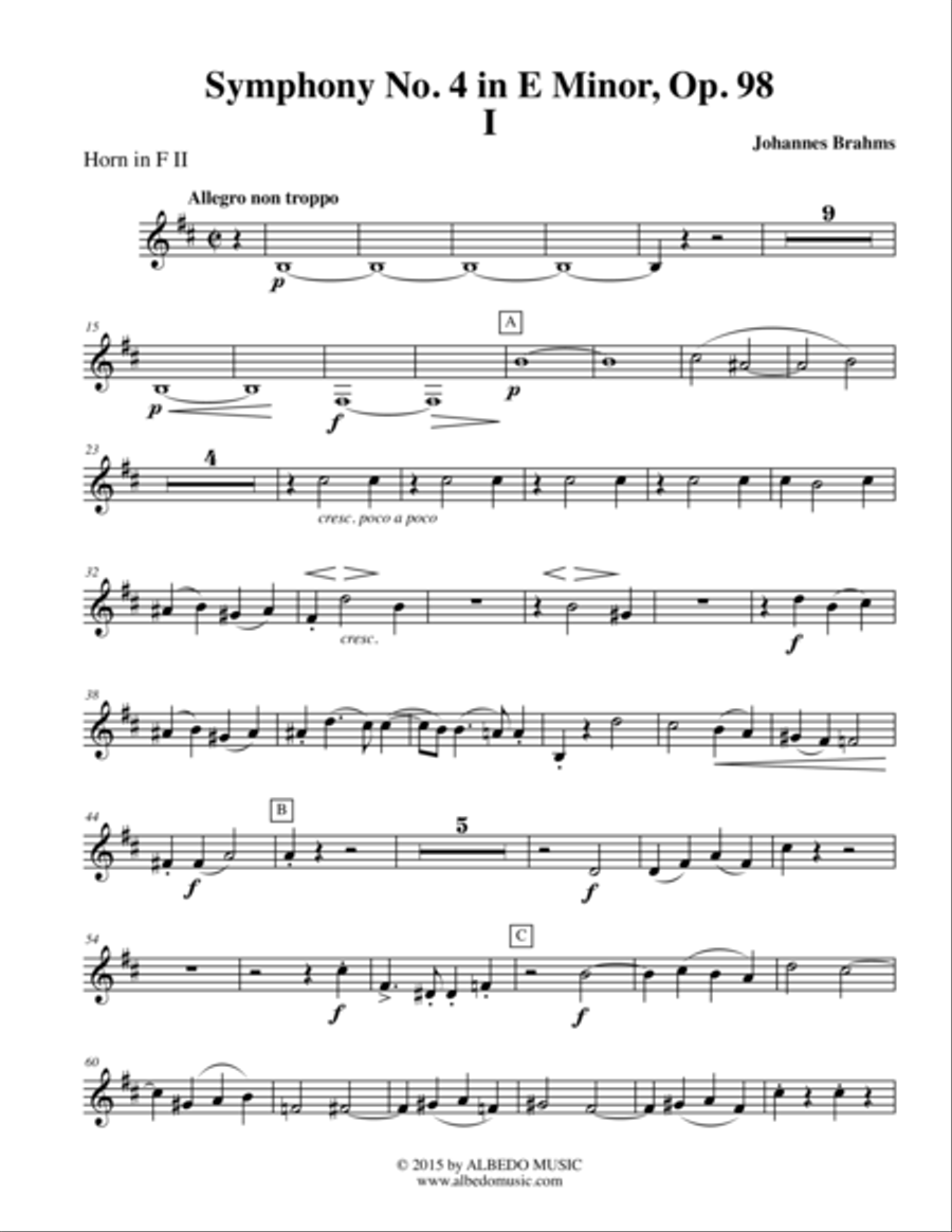 Brahms Symphony No. 4, Movement I - Horn in F 2 (Transposed Part), Op. 98 Horn Solo scores gallery preview page 1