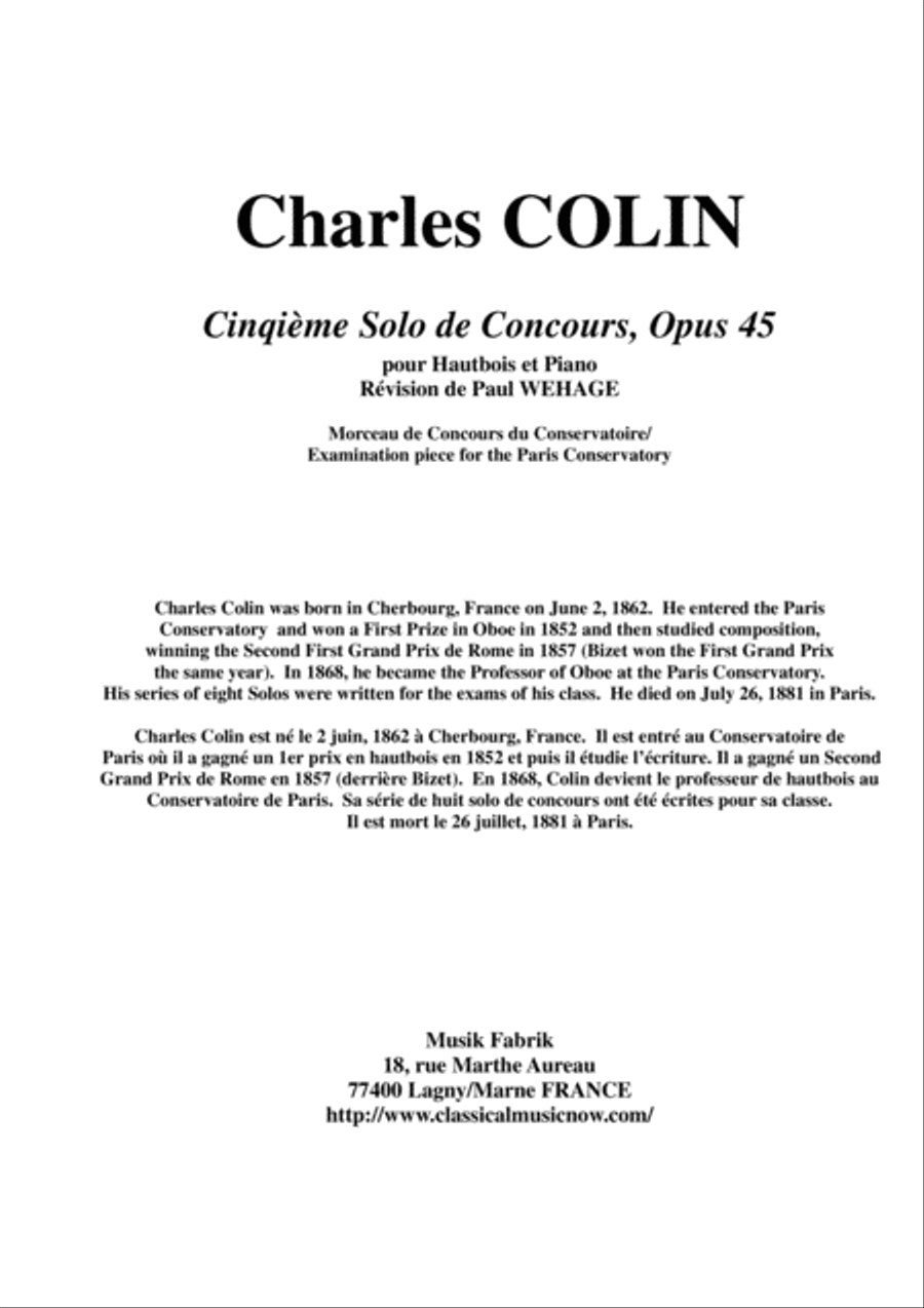 Charles Colin: Cinquième Solo de Concours, Opus 45 fro oboe and piano Piano scores gallery preview page 1