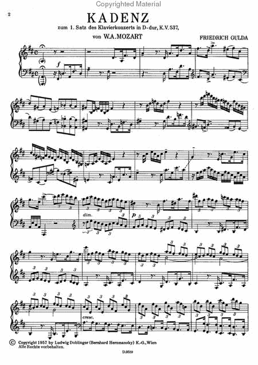Kadenz zum 1. Satz von Mozarts Klavierkonzert D-Dur KV 537