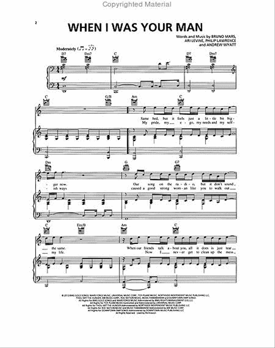 When I Was Your Man Piano, Vocal, Guitar scores gallery preview page 2